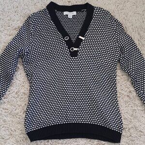 Madison Grey Women’s M Black White Knit Cotton Sweater Toggle V-Neck Long Sleeve